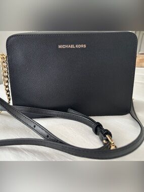 Michael Kors Black Leather Crossbody with Gold Chain Detail
